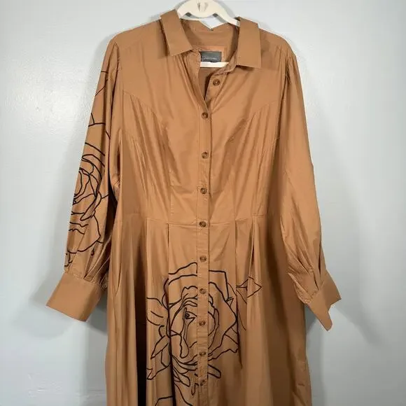 Anthropologie Printed Poplin Shirtdress 18 Tan Floral Line Art Midi Dress - Picture 7 of 9